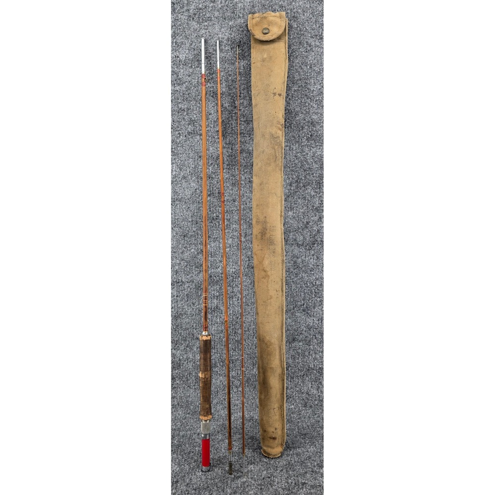 Vintage Montague Split Bamboo Fly Fishing Rod 9 Foot Brown 3-Piece Red Base